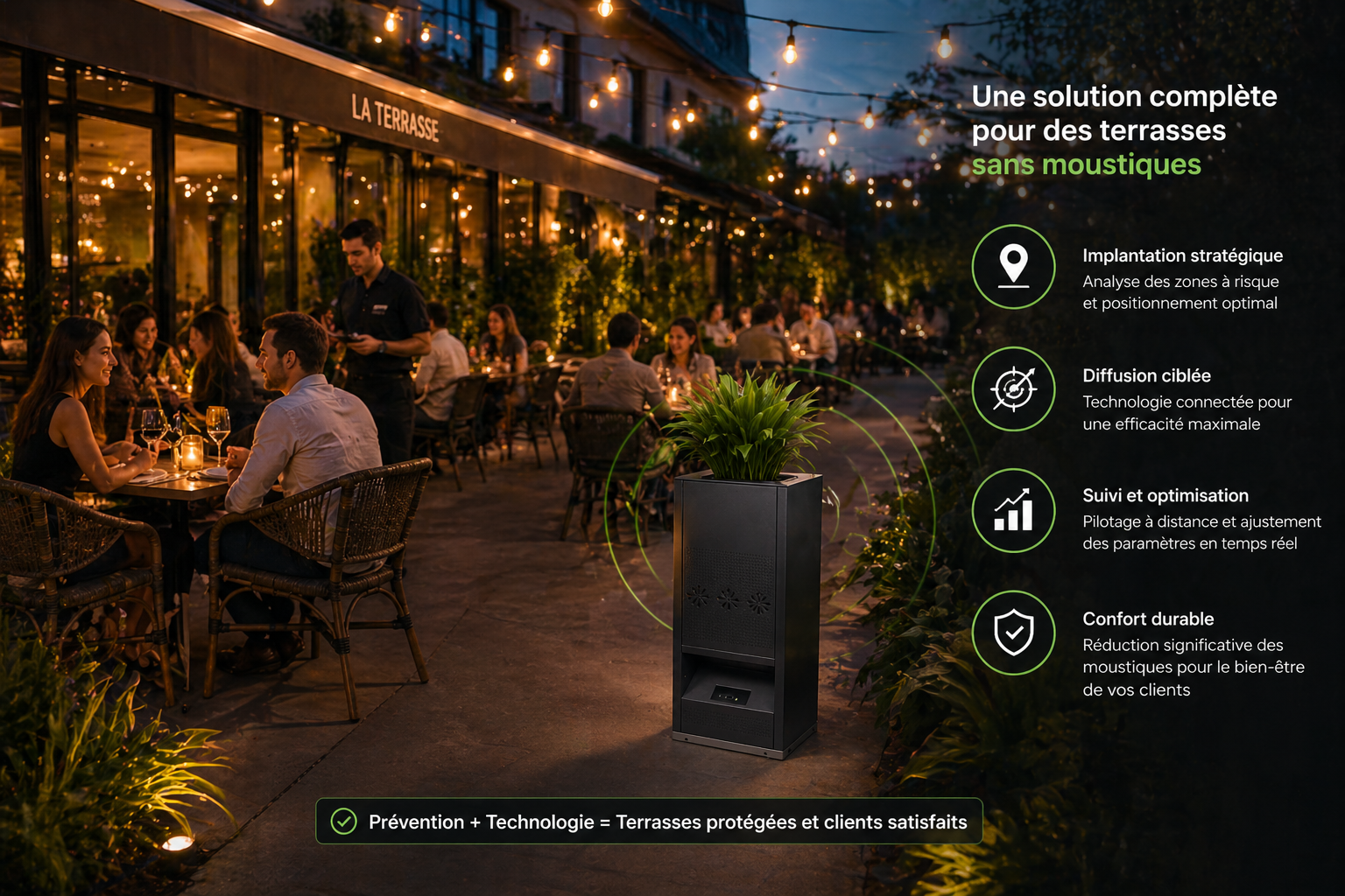 borne anti moustique installée sur une terrasse de restaurant avec implantation optimisée