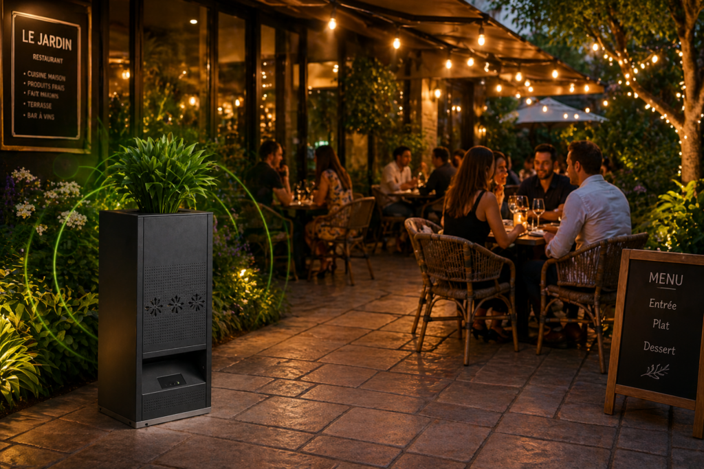 borne anti moustique installée sur une terrasse de restaurant pour protéger les clients
